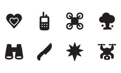 Black Icons of Heart, Walkie-Talkie, Drone, Tree, Binoculars, Knife, Explosion, and Payload Drone