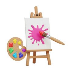 3d artistic creation with vibrant paint splatter on canvas easel and palette transparent background