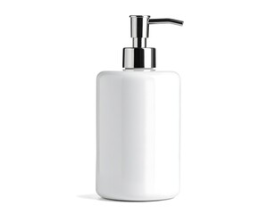Obraz premium A modern, white ceramic soap dispenser with a shiny chrome pump. This container for liquid soap or lotion is isolated on a pure white background.