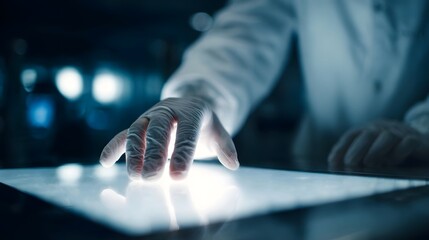 A gloved hand touches a bright illuminated digital interface in a dark modern laboratory environment