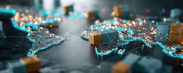 Global logistics concept shows a world map illuminated with lights and cubes representing cargo