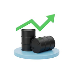 3d oil barrels with rising green arrow graph symbolizing industry growth and rising commodity prices transparent background