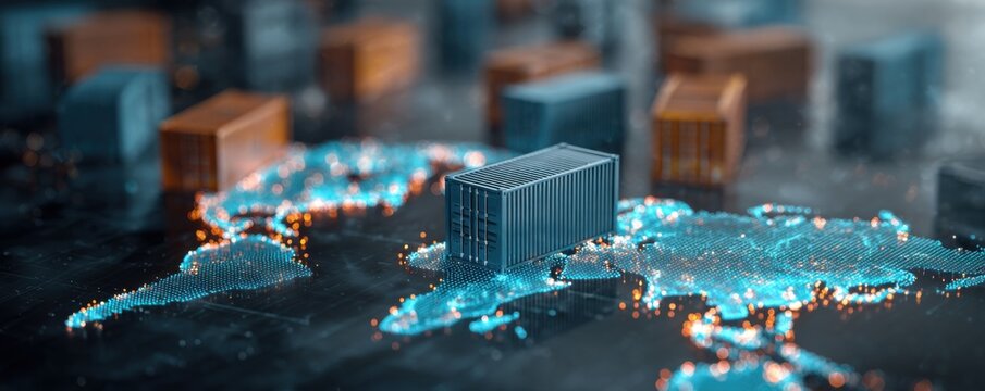 A conceptual image shows shipping containers on a glowing world map symbolizing global trade - Powered by Adobe