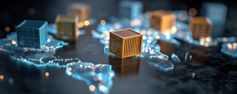 Futuristic depiction of shipping containers on a glowing, illuminated world map, global transport concept - Powered by Adobe