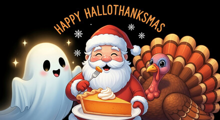 Santa, ghost, and turkey enjoy pumpkin pie, celebrating a combined Hallothanksmas holiday, showcasing festive spirit and autumnal flavors