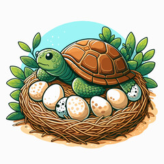 A charming illustration of a turtle nestled in a nest, surrounded by eggs and foliage.