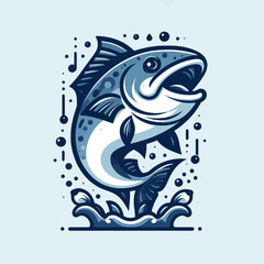 A stylized illustration of a blue and white fish leaping out of the water with bubbles and splashes.