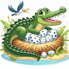 A friendly cartoon alligator sits on a nest of spotted eggs, with a bird flying above, in a vibrant natural setting.