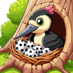 A cute cartoon woodpecker with a pink crest sits in a cozy nest inside a tree trunk, guarding its spotted eggs.