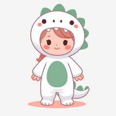 A cute cartoon child in a white and green dinosaur costume with a happy expression.