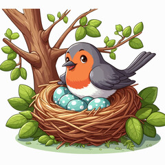 A charming illustration of a bird sitting in its nest, surrounded by leaves and a tree.
