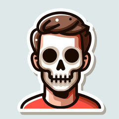 Cartoon sticker illustration of a young man with a skull for a face.