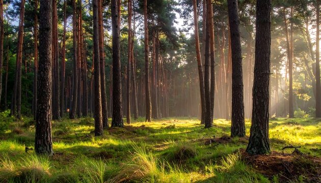 Sunlight Filtering Through Pine Forest.