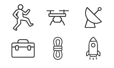 Black Line Icons of Person Walking, Drone, Satellite Dish, Toolbox, Rope, and Rocket