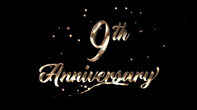 9th anniversary text animation in golden metallic effect. suitable for celebrating special occasions, invitations, anniversary cards and social media. Includes alpha channel for any background.