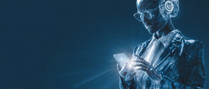 A futuristic humanoid figure, using a smartphone. Glowing details enhance the futuristic aesthetic, a dark blue backdrop