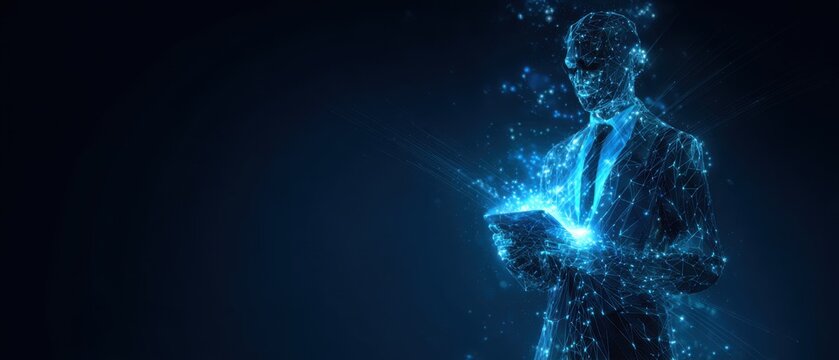 An abstract digital form of a businessman in a suit holding a tablet, emitting blue light