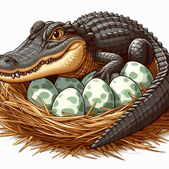 A smiling mother alligator carefully guarding her clutch of spotted eggs in a straw nest.