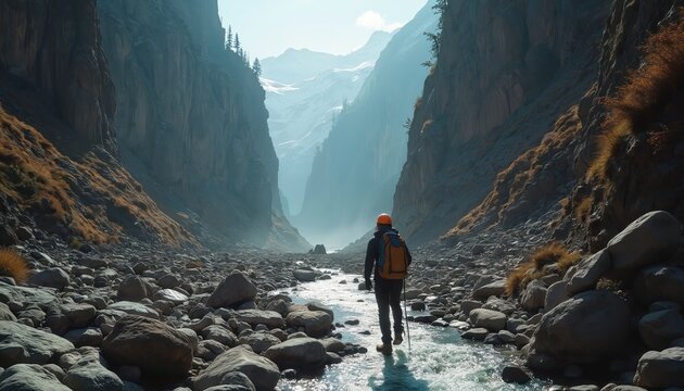 Man with backpack walks through rocky canyon following stream. Tall cliffs rise on either side, leading towards hazy mountains. Sun shines through mist highlighting epic natural landscape.
