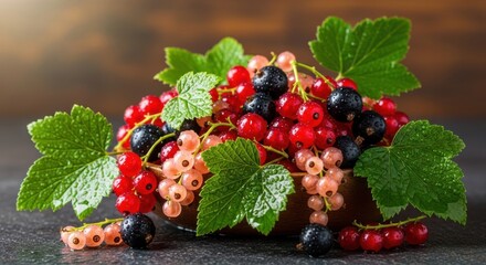 A vibrant assortment of fresh red and black currants with green leaves