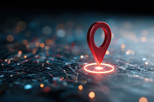 Digital rendering of a red map marker illuminated on a dark, abstract network backdrop