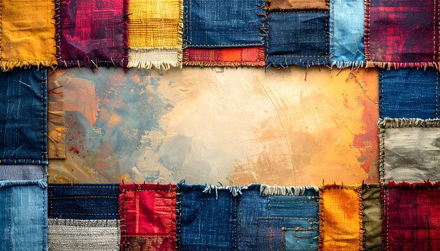 Creative background frame with a center copy space, surrounded by colorful fabric patches stitched together, visible thread, rustic border