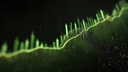Green 3D graph rising, showcasing financial data & market trend. Candlesticks are present