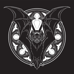 Gothic Bat Illustration Dark Fantasy Engraving Vector with Ornamental Architecture Window