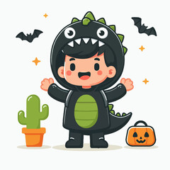 A cheerful child in a dinosaur costume, celebrating Halloween with a pumpkin and cactus.