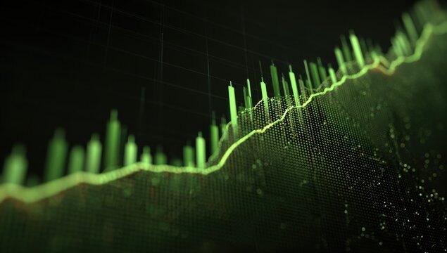 Green 3D graph rising, showcasing financial data & market trend. Candlesticks are present - Powered by Adobe