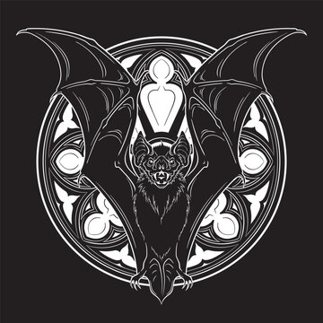 Gothic Bat Illustration Dark Fantasy Engraving Vector with Ornamental Architecture Window