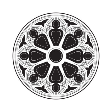 Gothic Rose Window with Ornate Floral Pattern Medieval Cathedral Stained Glass Design Vector Illustration