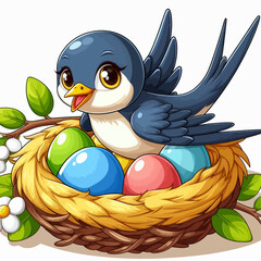 A cute cartoon bird sits in a nest with colorful Easter eggs and white flowers on a branch.