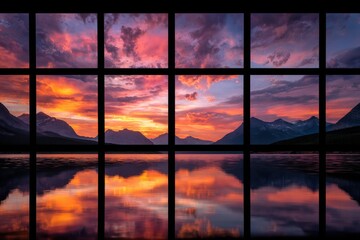 A sunset reflected on a calm lake, framed by a window, mountains in the distance