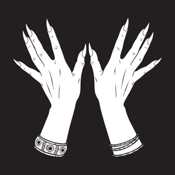 Hand drawn female witch or vampire hands. Flash tattoo, sticker, patch or print design vector illustration.