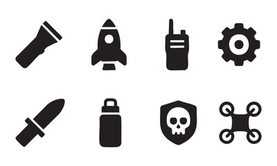 Black Silhouette Icons of Flashlight, Rocket, Walkie-Talkie, Gear, Knife, Thermos, Skull Shield, and Drone