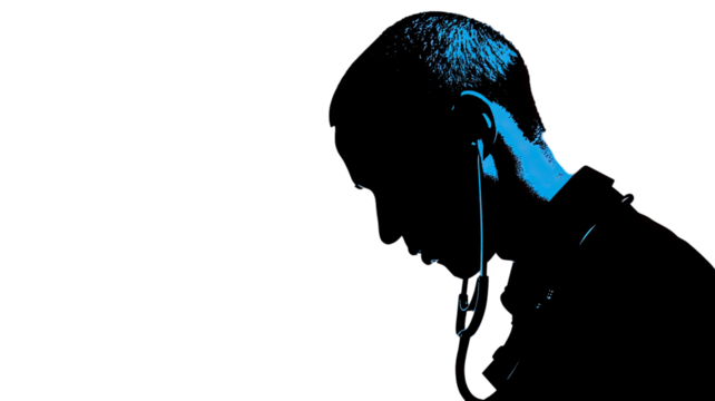 A black silhouette of a doctor with a stethoscope on a blue background, medical professional concept symbolizing healthcare and compassion illustration
