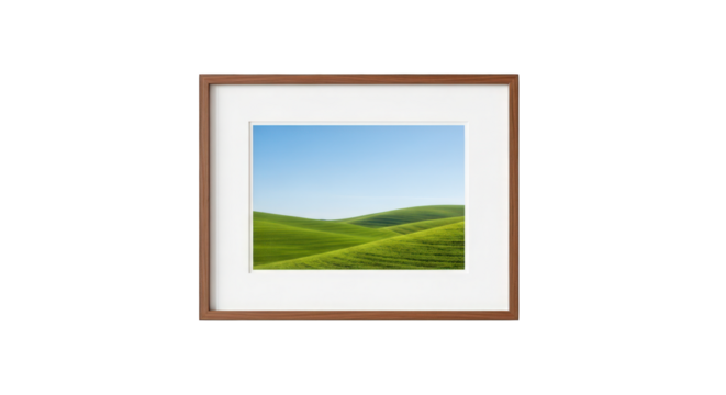 Green hills landscape in a wooden frame isolated on transparent background