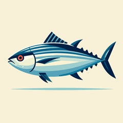 Stylized illustration of a blue and white tuna fish with red eyes, depicted in a clean graphic art style.