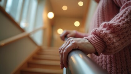 Elderly person grips stair handrail for support. Woman in pink sweater uses railing for stability on indoor steps. Safety, security, mobility for mature adults.