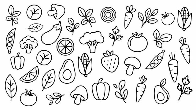 Outline Hand Drawn Fruits And Vegetables Doodle Pattern Background