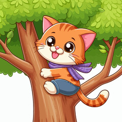 A cute cartoon orange tabby cat wearing a purple scarf and blue shorts, happily sitting on a tree branch with green leaves.