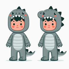 Two cute cartoon children dressed in adorable dinosaur costumes, one facing forward and the other slightly turned.