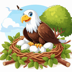 A cheerful cartoon eagle with blue eyes sits protectively in a cozy nest filled with white eggs, surrounded by green leaves, under a bright blue sky with a flying bird.