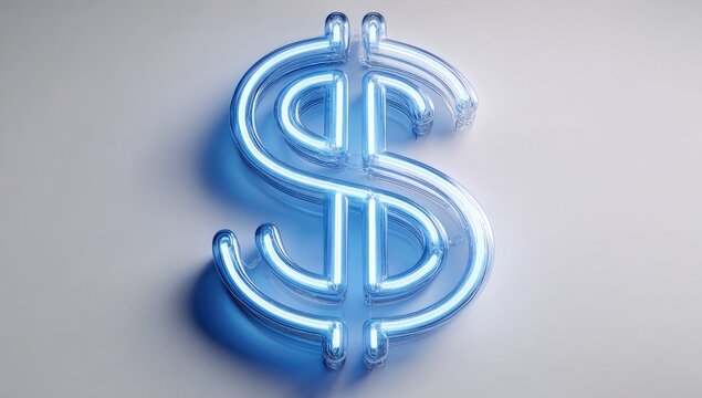 A 3D rendering of a neon blue dollar sign casting a shadow on a plain, white surface