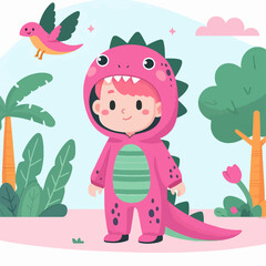 A cute cartoon child wearing a pink dinosaur costume with a happy face, surrounded by a whimsical landscape with a bird and trees.