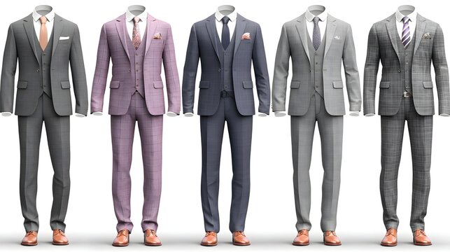 Row of elegant men's suits in various colors and styles. Concept: Men’s fashion, formal wear, suits display, business attire, style collection, elegant menswear, tailoring, classic design. 