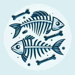 Two fish skeletons with bones in a circle on a light blue background.