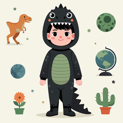 A cute cartoon boy in a black dinosaur costume surrounded by planets, a globe, and plants.