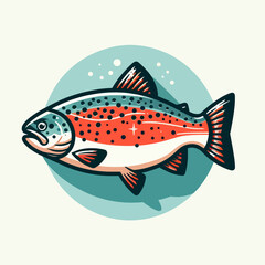 Stylized illustration of a rainbow trout with a red stripe and black spots on a blue-green circular background.